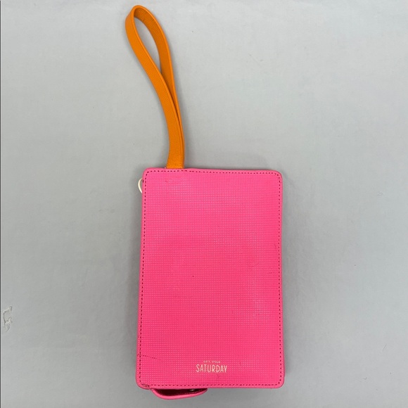KATE SPADE SATURDAY Pink/Orange Leather Zip Bag Snap Phone Pouch Wristlet Purse - Picture 2 of 10